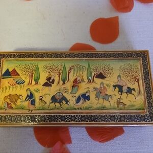 Vintage Indo Persian Micro Mosaic Handpainted And Embossed Marquetry Box